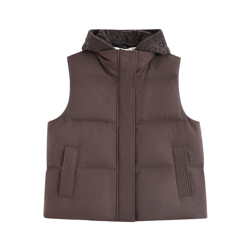 Vestă de damă cu glugă, fără mâneci, din lână, umplutură puf de rață 86–90%, lungime regulată 50–65 cm, iarnă 2025, stil urban elegant