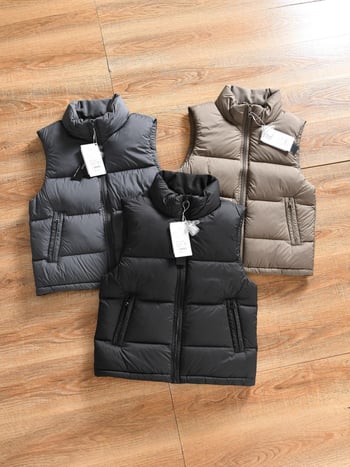 Мъжки пухен жилет с висока яка, пух 86–90%, пълнеж 98–123 g, цип, без качулка, зимен модел 2025, свободна кройка