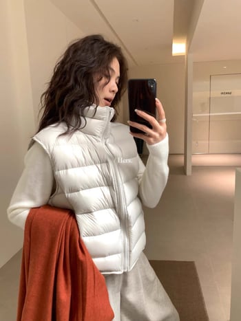 Корейски стил ръбеста пухена жилетка за жени, есен-зима, 1118-157Z, свободна кройка, дълга дължина, пух от патица 51–55%, основна материя полиестер