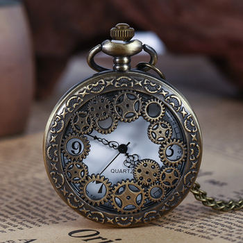 Ceas de buzunar cu mișcare cuarț, carcasă rotundă din metal, coroană spirală, logo imprimat, posibilitate de gravură personalizată, modelul 68, design retro cu dinți de roată