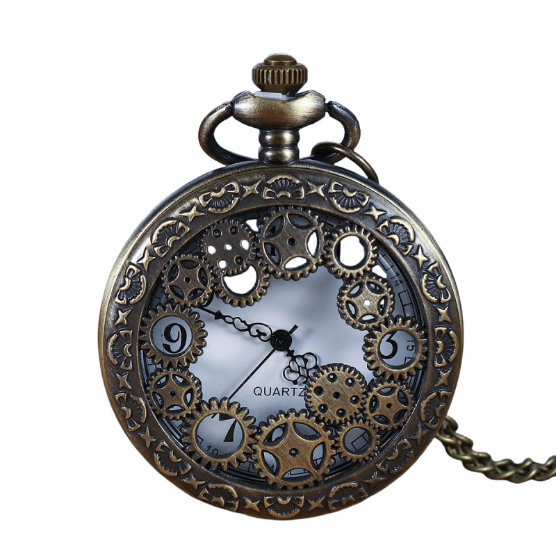 Ceas de buzunar cu mișcare cuarț, carcasă rotundă din metal, coroană spirală, logo imprimat, posibilitate de gravură personalizată, modelul 68, design retro cu dinți de roată