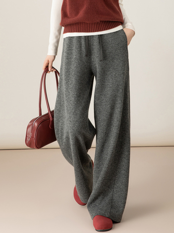 Ženske hlače od vunene smjese, ravni kroj, široke nogavice, visokim strukom, zimski debeli materijal, panelni dizajn