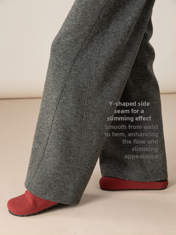 Ženske hlače od vunene smjese, ravni kroj, široke nogavice, visokim strukom, zimski debeli materijal, panelni dizajn