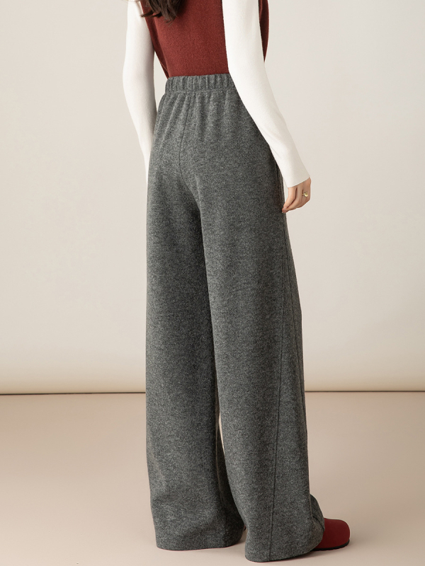 Ženske hlače od vunene smjese, ravni kroj, široke nogavice, visokim strukom, zimski debeli materijal, panelni dizajn