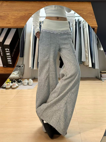 Γυναικείοι φλις παντελόνες με δαντελένια ραφή, φαρδιές, υψηλή μέση, χειμερινό μοντέλο 2024