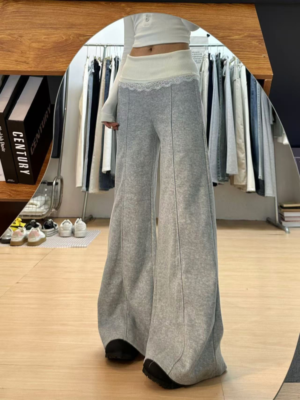 Γυναικείοι φλις παντελόνες με δαντελένια ραφή, φαρδιές, υψηλή μέση, χειμερινό μοντέλο 2024