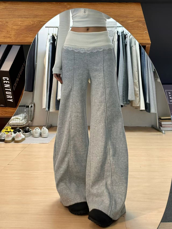 Γυναικείοι φλις παντελόνες με δαντελένια ραφή, φαρδιές, υψηλή μέση, χειμερινό μοντέλο 2024