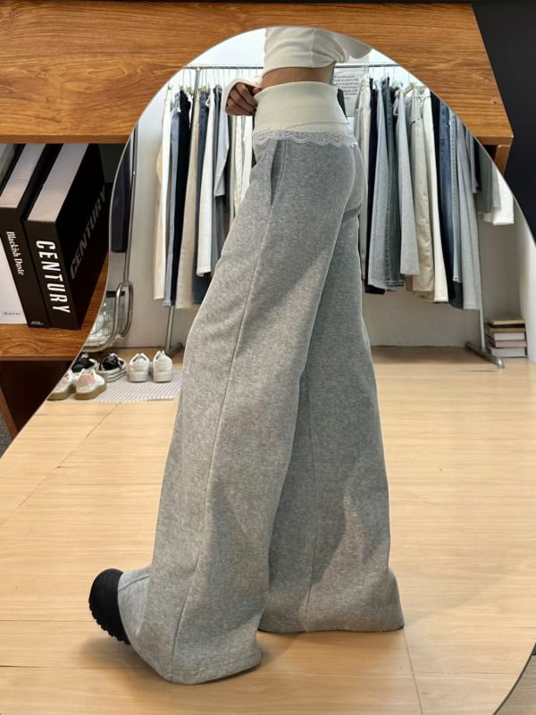 Γυναικείοι φλις παντελόνες με δαντελένια ραφή, φαρδιές, υψηλή μέση, χειμερινό μοντέλο 2024