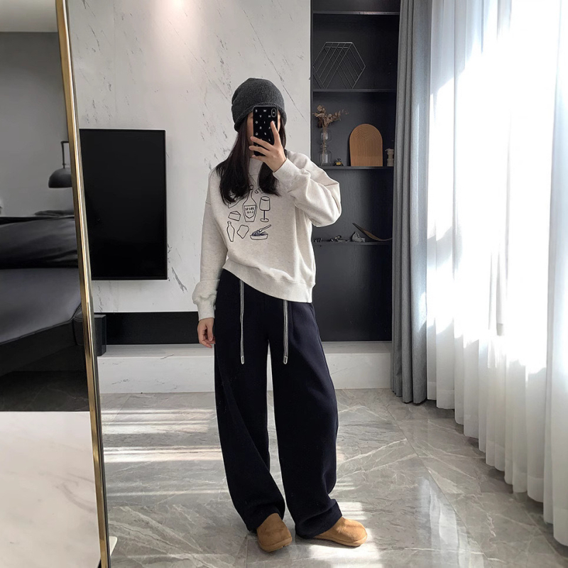 Casual ravne hlače s džepovima za žene, debeli poliester materijal, zima 2024, japansko-korejski ležerni stil