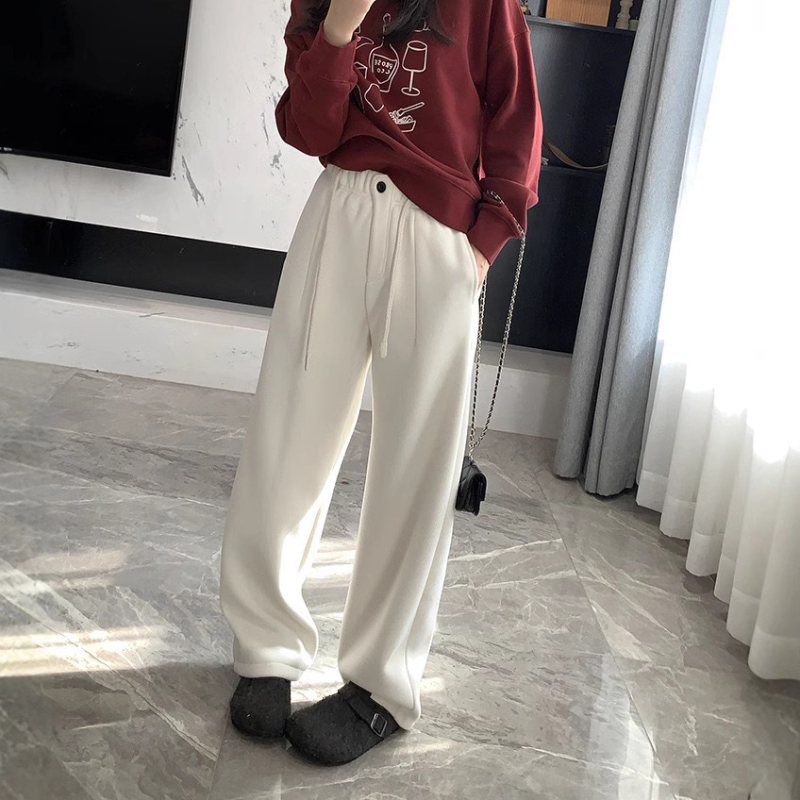 Casual ravne hlače s džepovima za žene, debeli poliester materijal, zima 2024, japansko-korejski ležerni stil