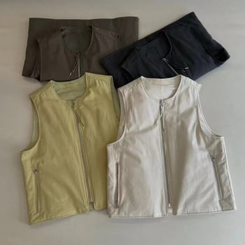 Γυναικείο γιλέκο σε κορεατικό στυλ, quilted χωρίς μανίκια, με φερμουάρ, στρογγυλός λαιμός, γέμισμα από βαμβάκι, μεσαίου μήκους, Άνοιξη 2025