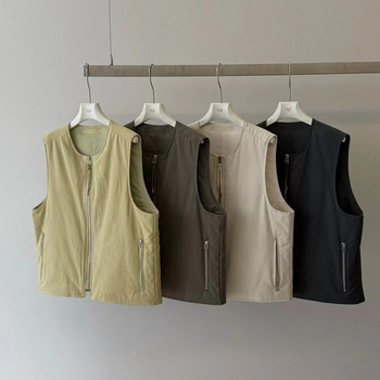 Γυναικείο γιλέκο σε κορεατικό στυλ, quilted χωρίς μανίκια, με φερμουάρ, στρογγυλός λαιμός, γέμισμα από βαμβάκι, μεσαίου μήκους, Άνοιξη 2025