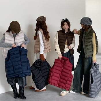 Γυναικείο βαμβακερό γιλέκο σε κορεατικό στυλ, φαρδιά γραμμή, όρθιος γιακάς, φερμουάρ, ριβ υφή