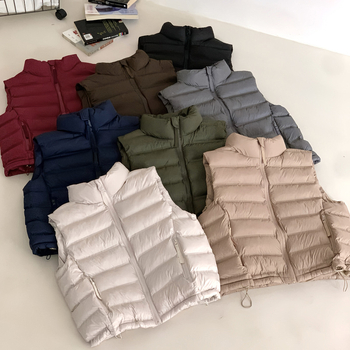 Γυναικείο βαμβακερό γιλέκο σε κορεατικό στυλ, φαρδιά γραμμή, όρθιος γιακάς, φερμουάρ, ριβ υφή