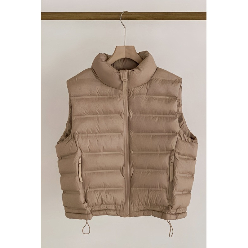 Γυναικείο βαμβακερό γιλέκο σε κορεατικό στυλ, φαρδιά γραμμή, όρθιος γιακάς, φερμουάρ, ριβ υφή