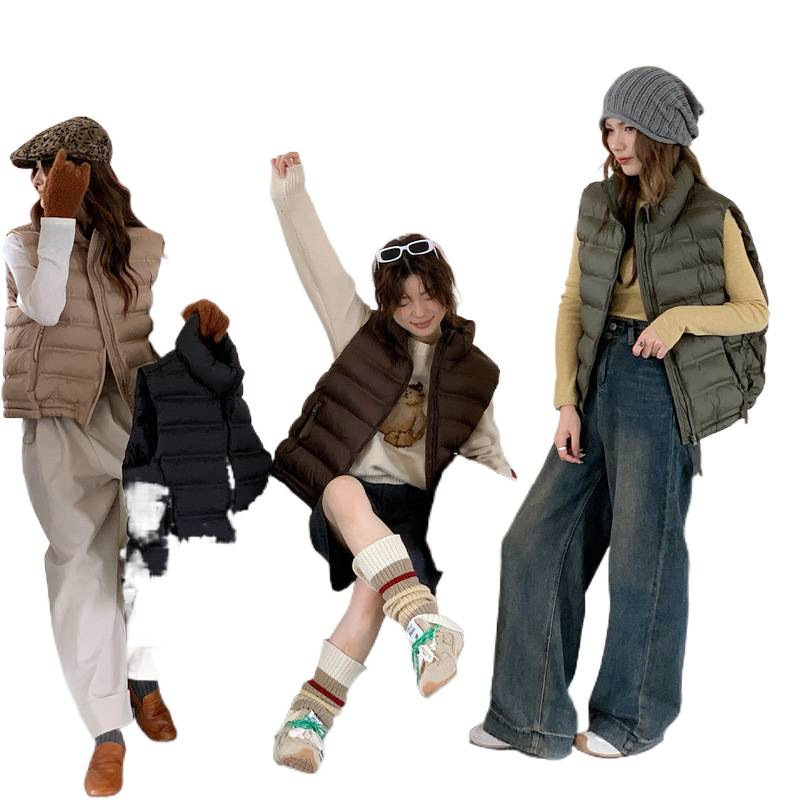 Γυναικείο βαμβακερό γιλέκο σε κορεατικό στυλ, φαρδιά γραμμή, όρθιος γιακάς, φερμουάρ, ριβ υφή