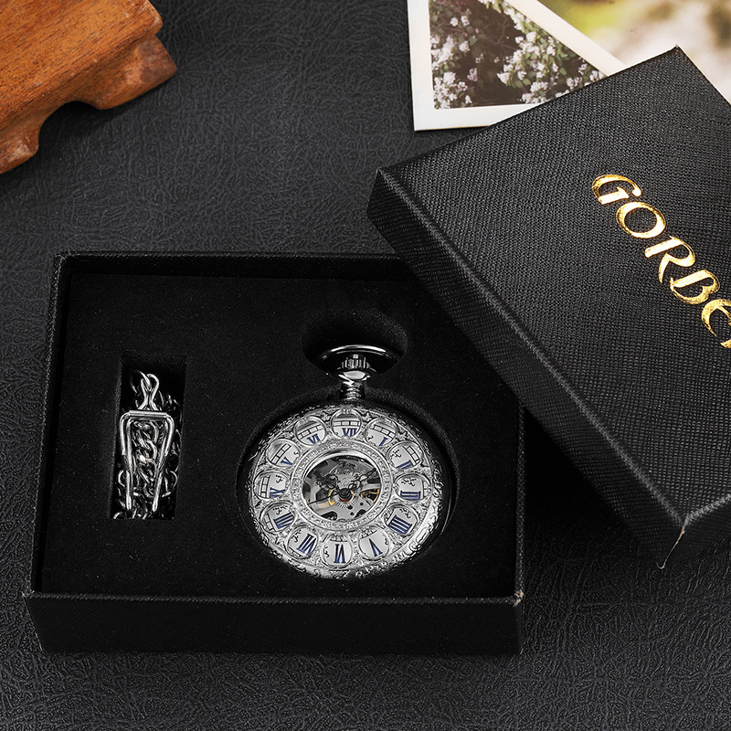 Μηχανικό ρολόι τσέπης με ρωμαϊκό σκελετωμένο καντράν, αντίκες στυλ και λειτουργία παγκόσμιας ώρας; Κίνηση: μηχανική; Σώμα: κράμα