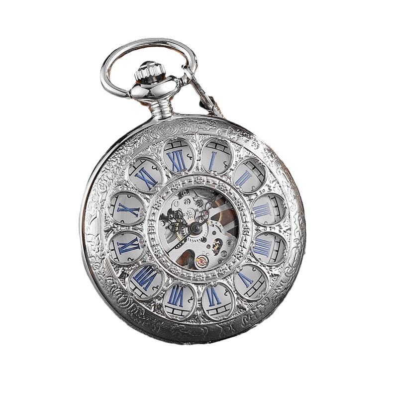 Μηχανικό ρολόι τσέπης με ρωμαϊκό σκελετωμένο καντράν, αντίκες στυλ και λειτουργία παγκόσμιας ώρας; Κίνηση: μηχανική; Σώμα: κράμα