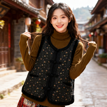 Ženski bešprz bez rukava s floralnim jacquardom, okrugli izrez, slobodan kroj, disk kopče, podstava od pamuka-lina, punilo od imitacije svile-pamuka