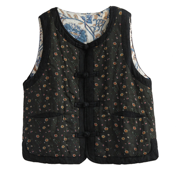 Ženski bešprz bez rukava s floralnim jacquardom, okrugli izrez, slobodan kroj, disk kopče, podstava od pamuka-lina, punilo od imitacije svile-pamuka