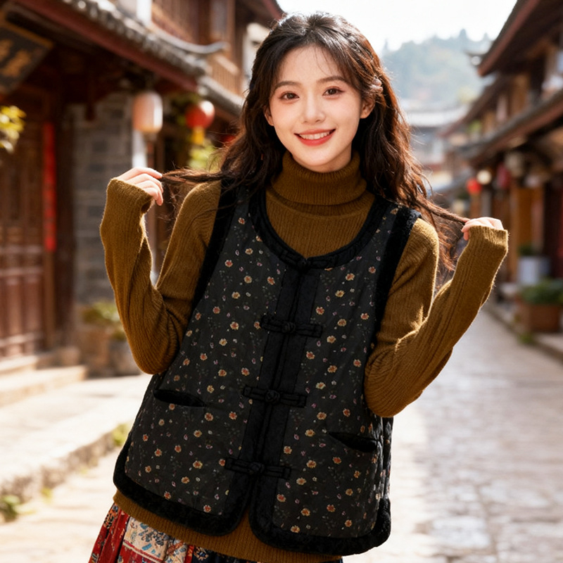 Ženski bešprz bez rukava s floralnim jacquardom, okrugli izrez, slobodan kroj, disk kopče, podstava od pamuka-lina, punilo od imitacije svile-pamuka