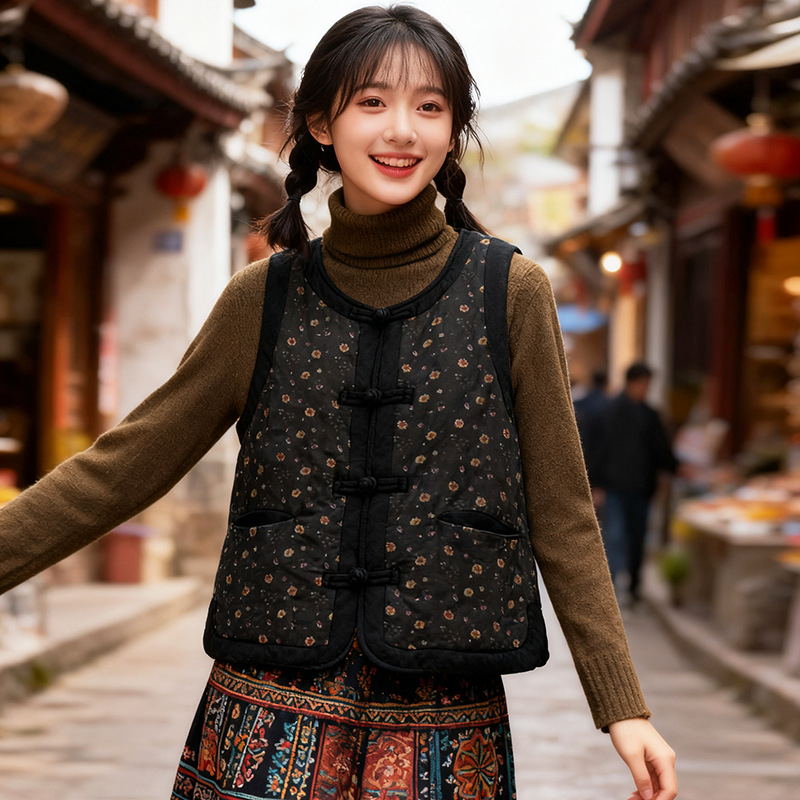 Ženski bešprz bez rukava s floralnim jacquardom, okrugli izrez, slobodan kroj, disk kopče, podstava od pamuka-lina, punilo od imitacije svile-pamuka