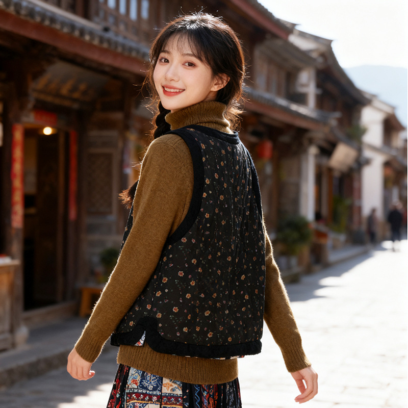 Ženski bešprz bez rukava s floralnim jacquardom, okrugli izrez, slobodan kroj, disk kopče, podstava od pamuka-lina, punilo od imitacije svile-pamuka