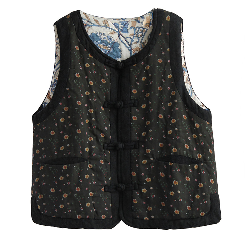 Ženski bešprz bez rukava s floralnim jacquardom, okrugli izrez, slobodan kroj, disk kopče, podstava od pamuka-lina, punilo od imitacije svile-pamuka