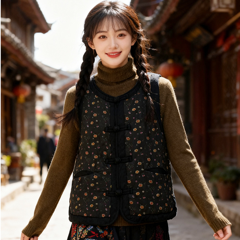 Ženski bešprz bez rukava s floralnim jacquardom, okrugli izrez, slobodan kroj, disk kopče, podstava od pamuka-lina, punilo od imitacije svile-pamuka