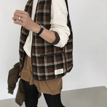 Γυναικείο γιλέκο καρό σε κορεατικό στυλ με V-λαιμό, διπλές τσέπες, πολυεστερική ύφανση και γέμισμα από συνθετικό μετάξι-βαμβάκι