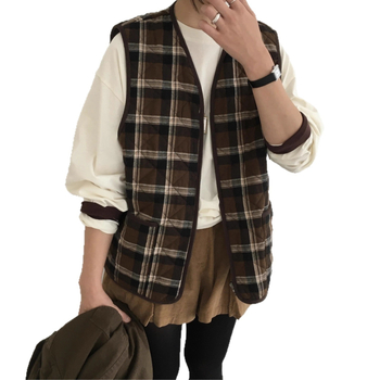 Γυναικείο γιλέκο καρό σε κορεατικό στυλ με V-λαιμό, διπλές τσέπες, πολυεστερική ύφανση και γέμισμα από συνθετικό μετάξι-βαμβάκι