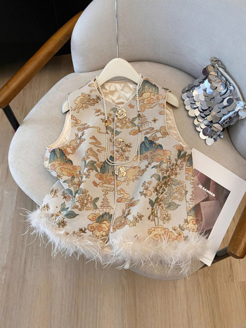 Γιλέκο κινεζικού στυλ με γέμισμα από βαμβάκι, ύφασμα από πολυεστέρα 95%+, μοτίβο φυτών και λουλουδιών, κανονικό μήκος