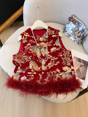 Γιλέκο κινεζικού στυλ με γέμισμα από βαμβάκι, ύφασμα από πολυεστέρα 95%+, μοτίβο φυτών και λουλουδιών, κανονικό μήκος