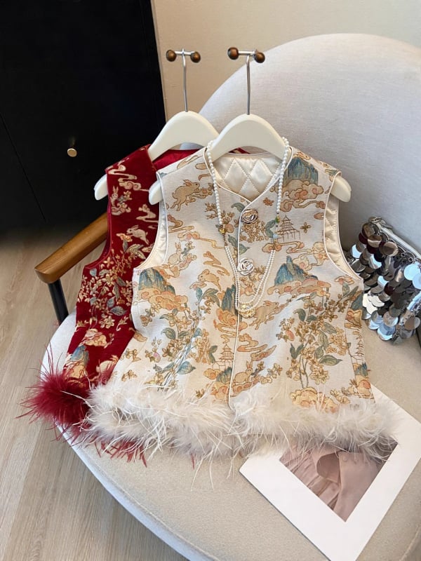 Γιλέκο κινεζικού στυλ με γέμισμα από βαμβάκι, ύφασμα από πολυεστέρα 95%+, μοτίβο φυτών και λουλουδιών, κανονικό μήκος