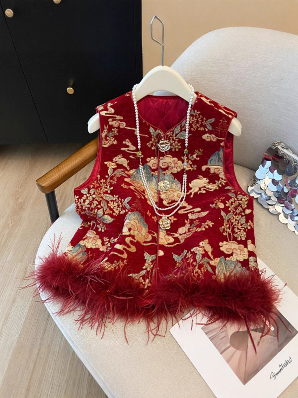 Γιλέκο κινεζικού στυλ με γέμισμα από βαμβάκι, ύφασμα από πολυεστέρα 95%+, μοτίβο φυτών και λουλουδιών, κανονικό μήκος