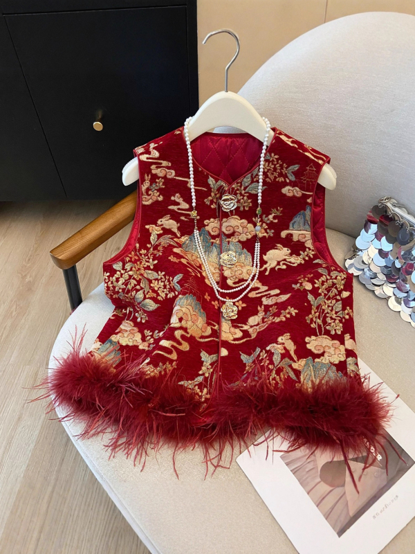 Γιλέκο κινεζικού στυλ με γέμισμα από βαμβάκι, ύφασμα από πολυεστέρα 95%+, μοτίβο φυτών και λουλουδιών, κανονικό μήκος