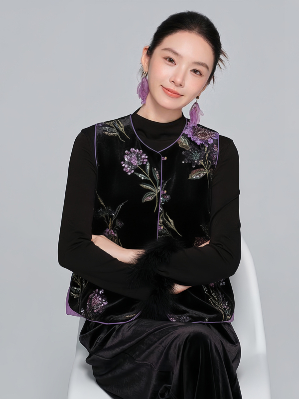 Жилет с пайети върху кадифе за жени, кръгло деколте, дебела подплата полиестер-памук, модел растения и цветя, зима 2025