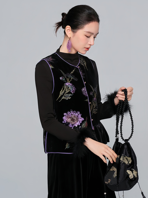 Жилет с пайети върху кадифе за жени, кръгло деколте, дебела подплата полиестер-памук, модел растения и цветя, зима 2025