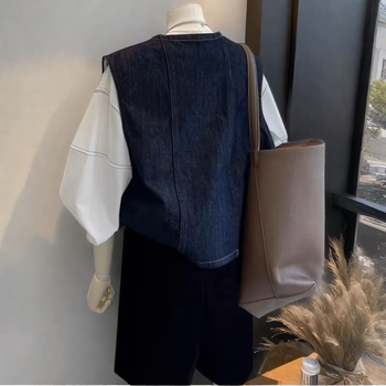 Γυναικείο τζιν γιλέκο σε στυλ ζακέτας, κοντό μήκος, γεωμετρικό μοτίβο, άνετη γραμμή