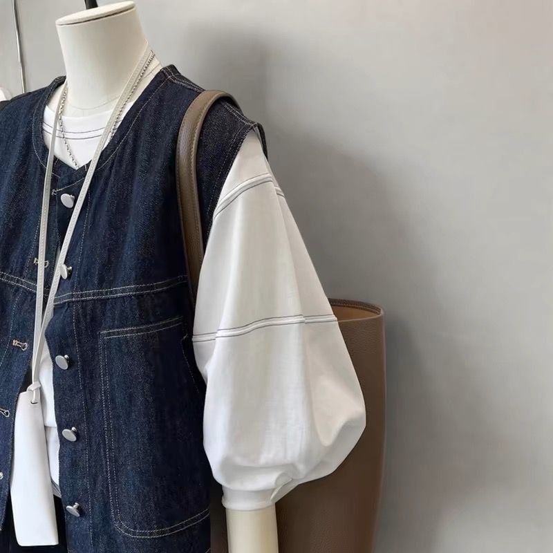 Γυναικείο τζιν γιλέκο σε στυλ ζακέτας, κοντό μήκος, γεωμετρικό μοτίβο, άνετη γραμμή