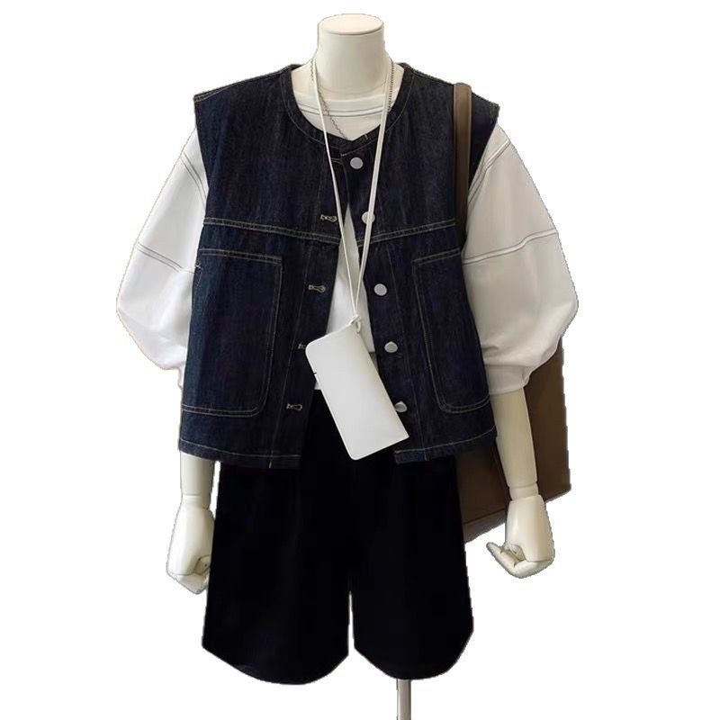 Γυναικείο τζιν γιλέκο σε στυλ ζακέτας, κοντό μήκος, γεωμετρικό μοτίβο, άνετη γραμμή