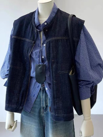 Γυναικείο γιλέκο χωρίς μανίκια σε στυλ cardigan, στρογγυλός λαιμός, φαρδιά γραμμή, βαμβάκι με πολυεστέρα, casual ιαπωνοκορεατικό στυλ, Φθινόπωρο–Χειμώνας 2024