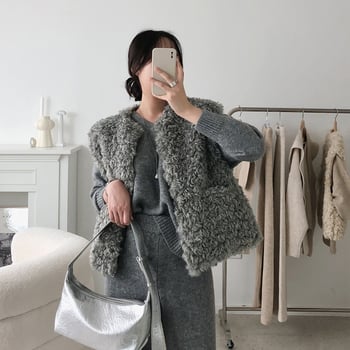 Γιλέκο από συνθετικό γούνα, κορεατικό chic φθινοπωρινής-χειμερινής, γαλλικό στυλ, κοντή γραμμή, μονόχρωμο, γυναικείο
