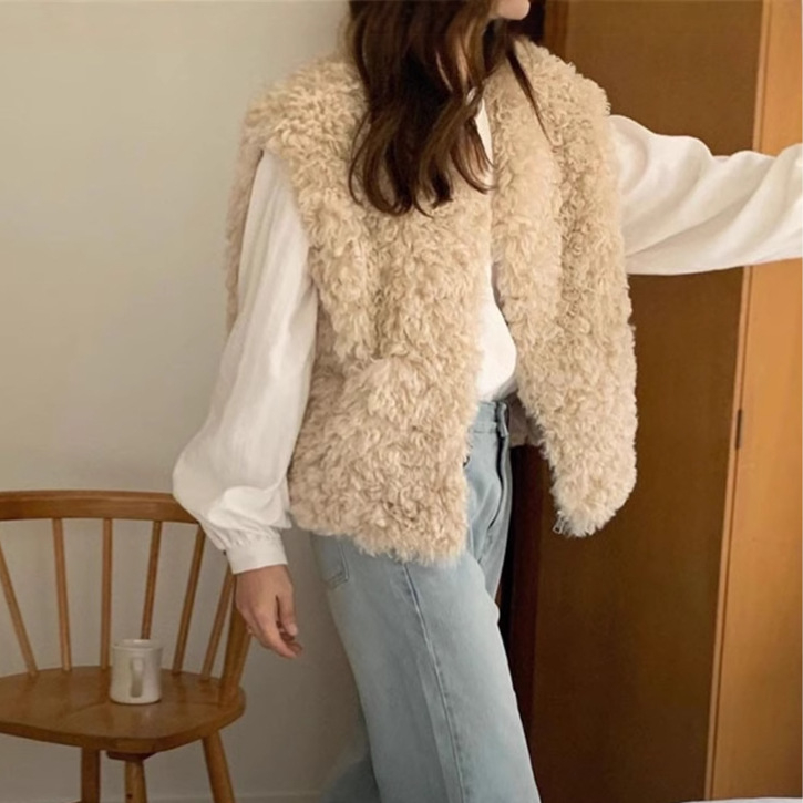 Γιλέκο από συνθετικό γούνα, κορεατικό chic φθινοπωρινής-χειμερινής, γαλλικό στυλ, κοντή γραμμή, μονόχρωμο, γυναικείο