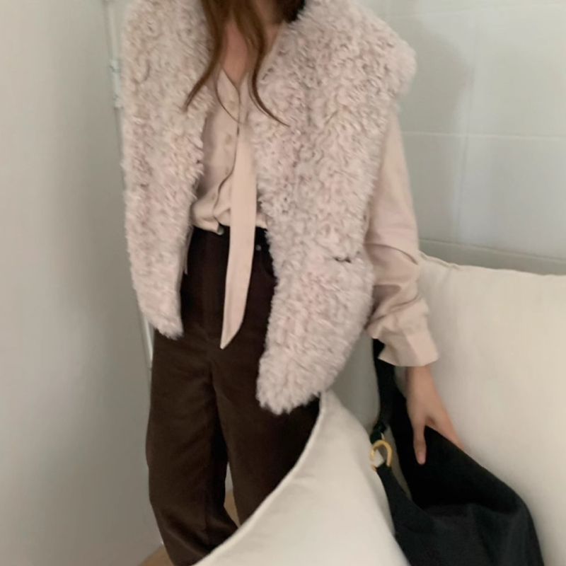 Γιλέκο από συνθετικό γούνα, κορεατικό chic φθινοπωρινής-χειμερινής, γαλλικό στυλ, κοντή γραμμή, μονόχρωμο, γυναικείο