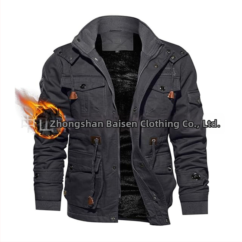 Jachetă bărbați din bumbac cu glugă, căptușită cu fleece, închidere cu fermoar, căptușeală detașabilă, buzunare laterale