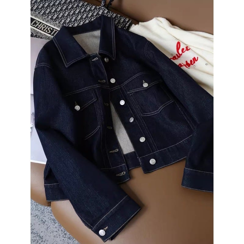 Jachetă scurtă din denim pentru femei, guler POLO, design boutique, croială lejeră, mâneci lungi, Primăvara 2024