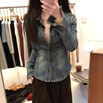 Női slim-fit stretch denim ing polo nyakkal, hosszú ujjú, szabályos hosszúságú 50–65 cm, 2025 tavasz