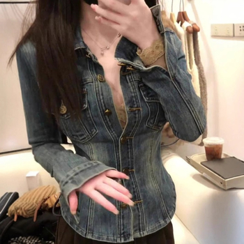 Női slim-fit stretch denim ing polo nyakkal, hosszú ujjú, szabályos hosszúságú 50–65 cm, 2025 tavasz