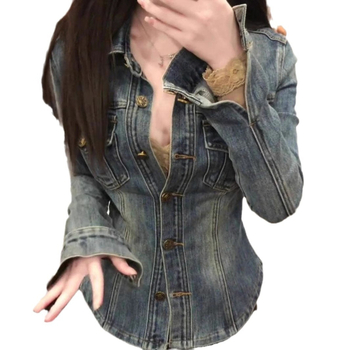 Női slim-fit stretch denim ing polo nyakkal, hosszú ujjú, szabályos hosszúságú 50–65 cm, 2025 tavasz